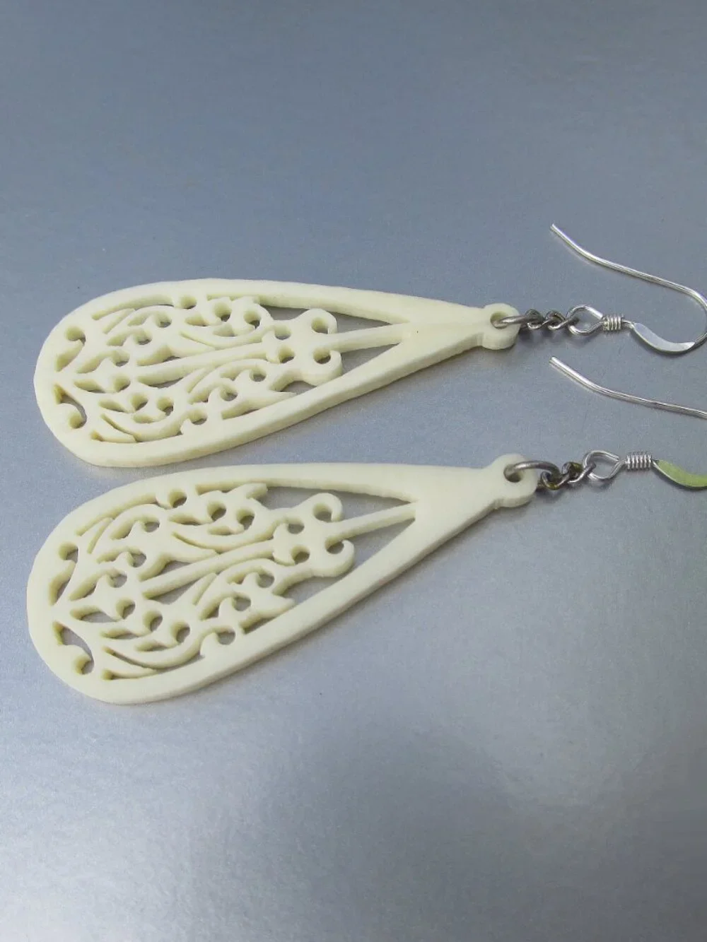 Vintage Carved Celluloid Sterling Silver Long Dangle Teardrop Earrings